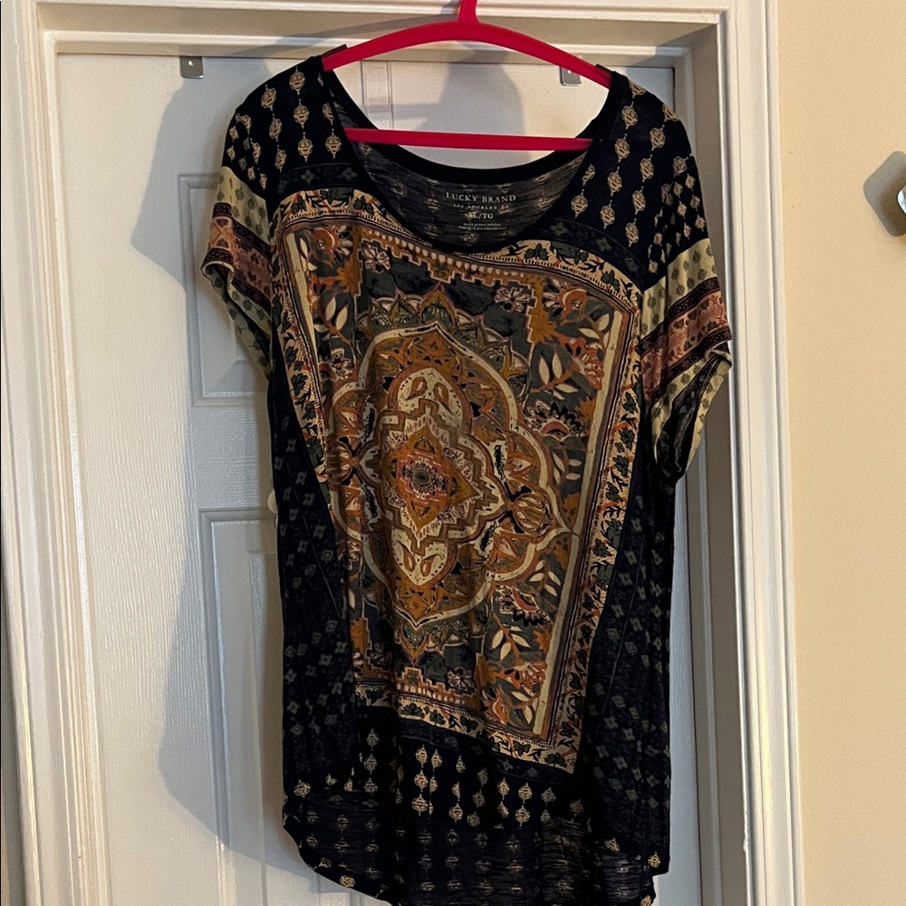 Lucky Brand Blue and Gold Short Sleeve Top